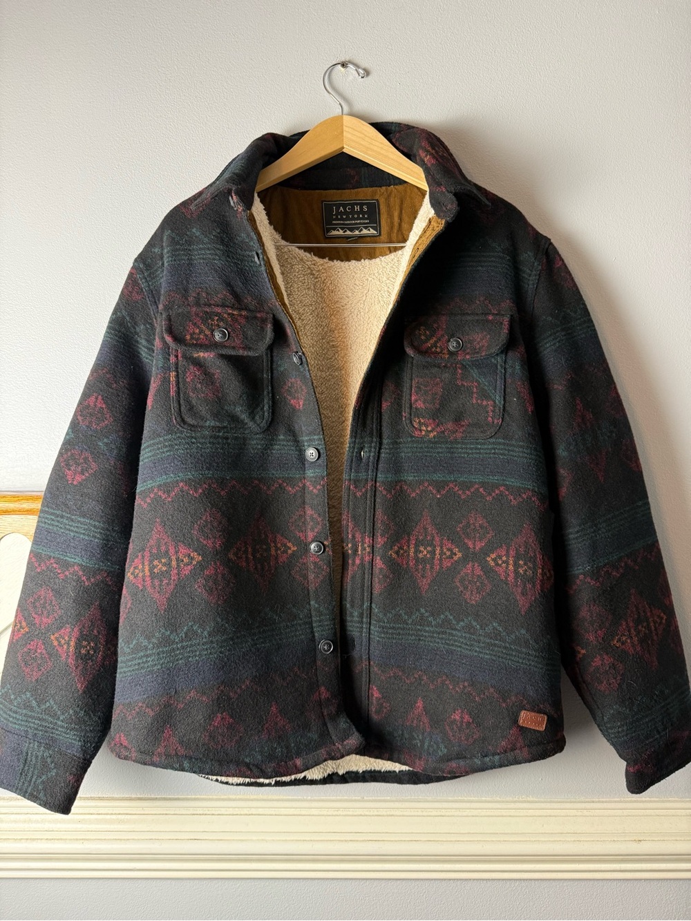 Jachs Black Jacket with Red & Green Geometric Pattern Size L. Poly/wool